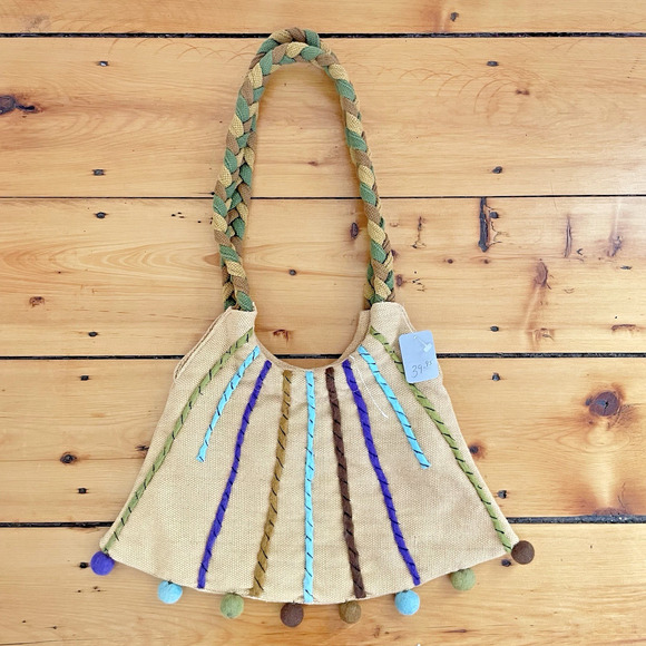 Boho Woven Braided Handle Pom Pom Bag Retro Y2K Cottagecore Purse - Picture 1 of 9